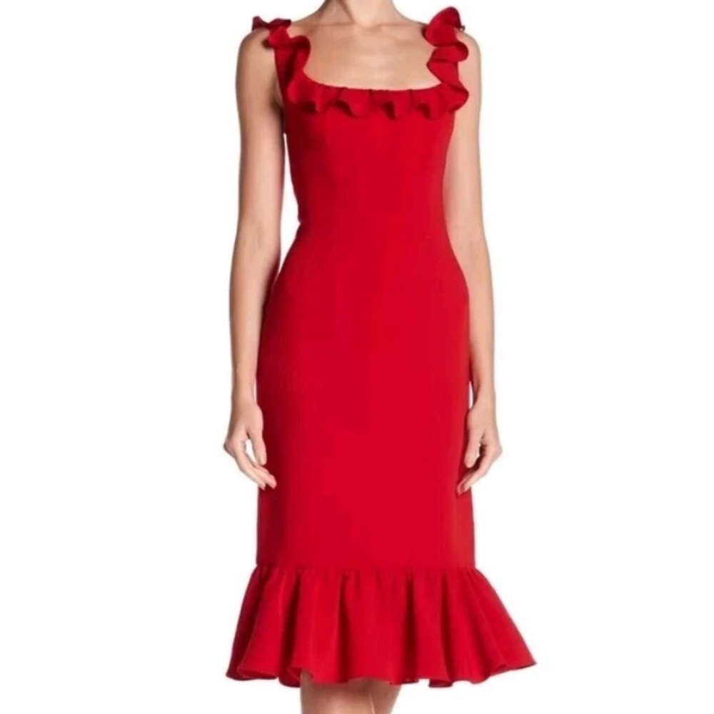 Cinq à Sept Opalina Feminine Statement Red Ruffle Midi Cocktail Party Sz 6